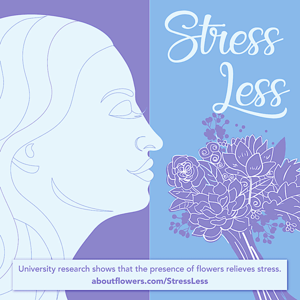 Stress Less Graphic about university research that reveals that flowers relieve stress